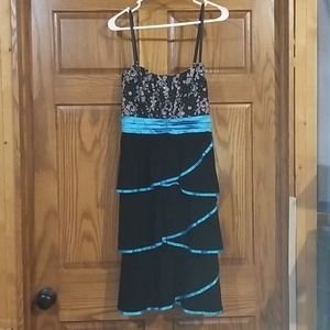Black and Sky Blue Formal Dress with Lace Bodice